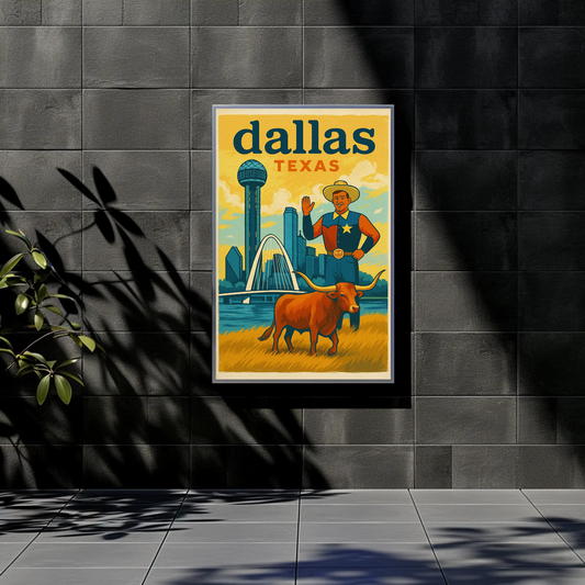 Dallas Cowboy Longhorn Skyline Bridge Sphere Vintage Travel Poster Wall Art