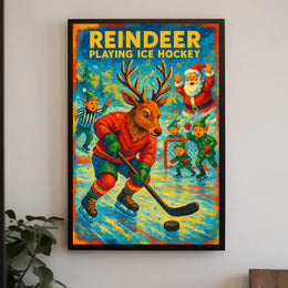 Reindeer Playing Ice Hockey Poster
