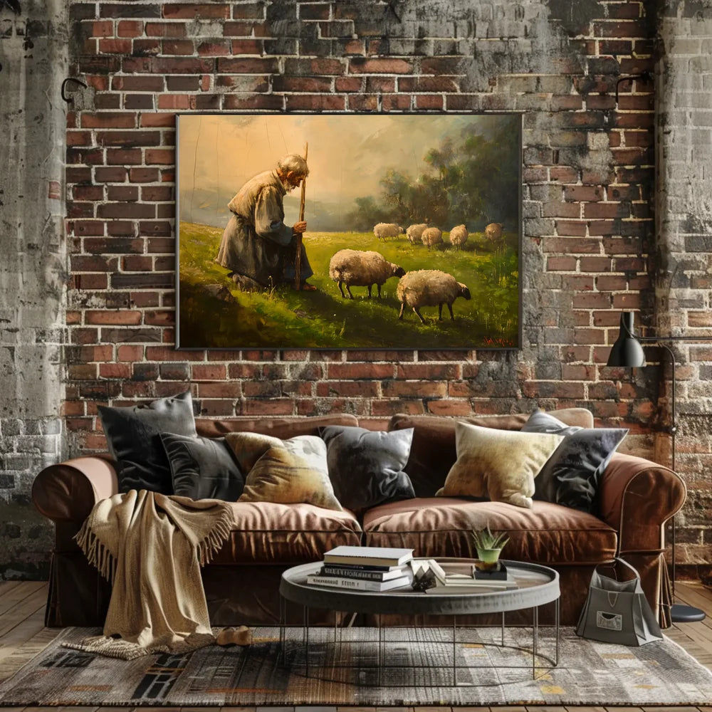 Pastoral Serenity: Shepherd and Sheep in Misty Meadow