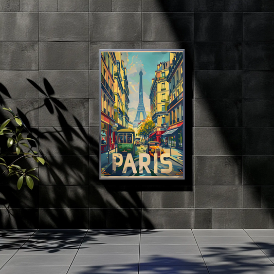 Vibrant Parisian Street Eiffel View Vintage Travel Poster
