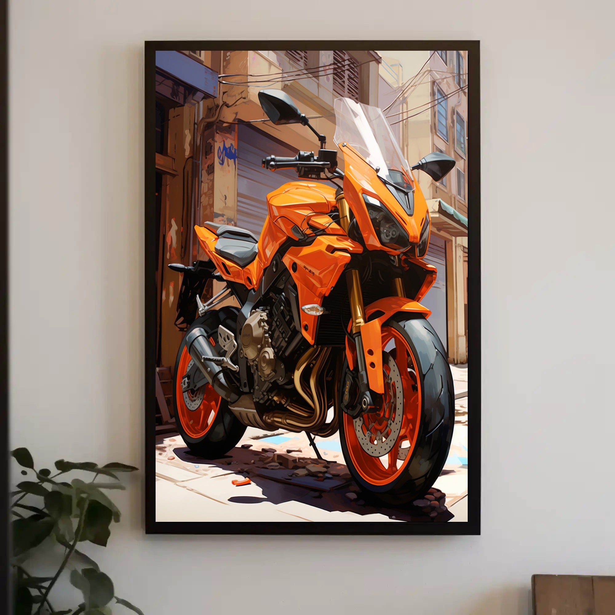 Vibrant Urban Motorcycle Poster PosterGoat
