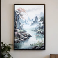Serene Mountain Vista: Traditional East Asian Artistic Poster