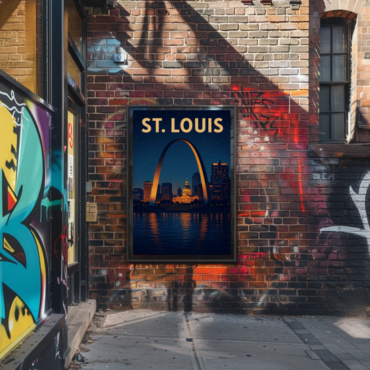 St Louis Arch Night Skyline Reflections River Poster