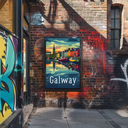 Evening Harbor Scene Galway Ireland Travel Poster