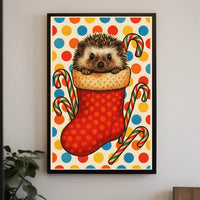 Festive Hedgehog In A Stocking Woodland Animals Holiday Wall Art For Christmas Decor Poster