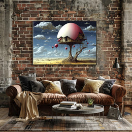Surreal Desert House with Whimsical Balloons Artistic Poster