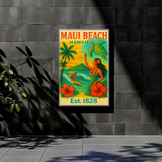 Maui Beach Hawaii Surf Dancer Est 1828 Vintage Travel Poster