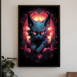 The poster features a striking, surreal illustration of a cat with intense, glowing Travel Poster