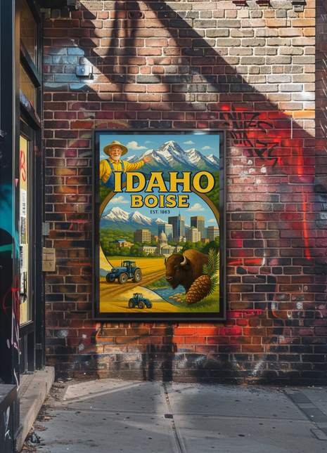 Boise Idaho Cityscape Buffalo Mountain Farm Travel Poster