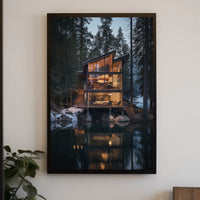 Modern Glass Cabin by Tranquil Lake National Park Poster