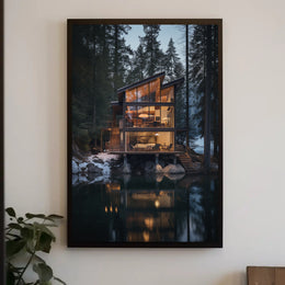 Modern Glass Cabin by Tranquil Lake National Park Poster