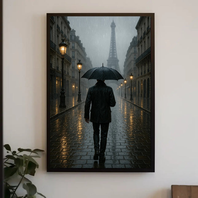 Parisian Rain: Atmospheric Urban Cityscape Poster