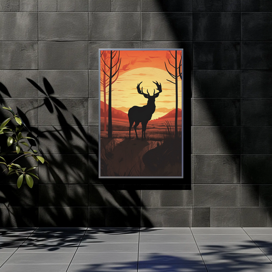 Sunset Forest Silhouette Deer Landscape Vintage Travel Poster