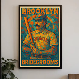 Vintage Baseball Art Poster of Brooklyn Bridegrooms Sports Poster