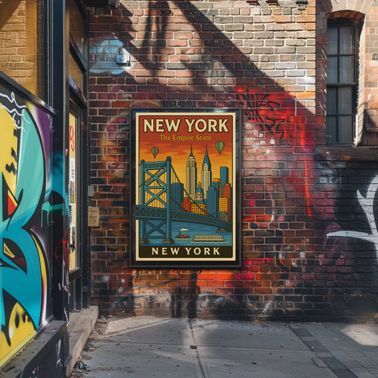 New York Empire State Skyline Bridge Vintage Poster