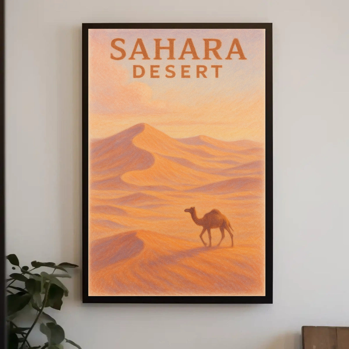 Sahara Desert Exploration Travel Retro Eighties Art Deco Camel Silhouette Golden Dunes Nostalgic Decor Poster