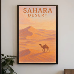 Sahara Desert Exploration Travel Retro Eighties Art Deco Camel Silhouette Golden Dunes Nostalgic Decor Poster