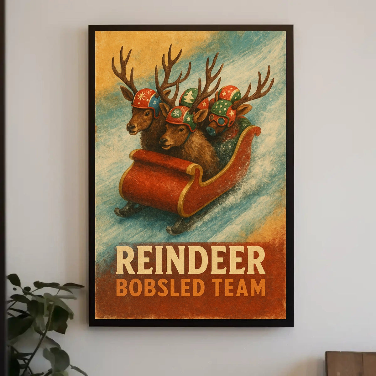 Whimsical Reindeer Bobsled Team Festive Sports Poster