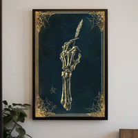 The poster depicts a skeletal hand holding a quill pen, set against a Travel Poster
