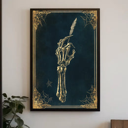 The poster depicts a skeletal hand holding a quill pen, set against a Travel Poster