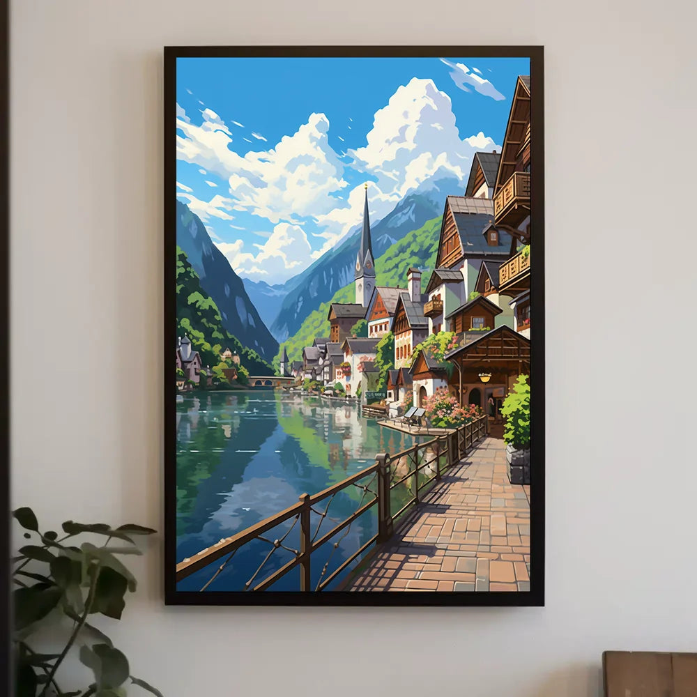 Picturesque European Lakeside Village Art Poster