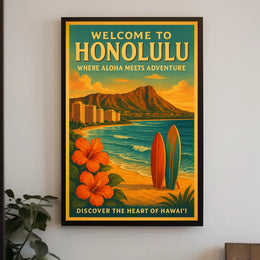 Honolulu Adventure Vintage Travel Poster Beach & Surfboards