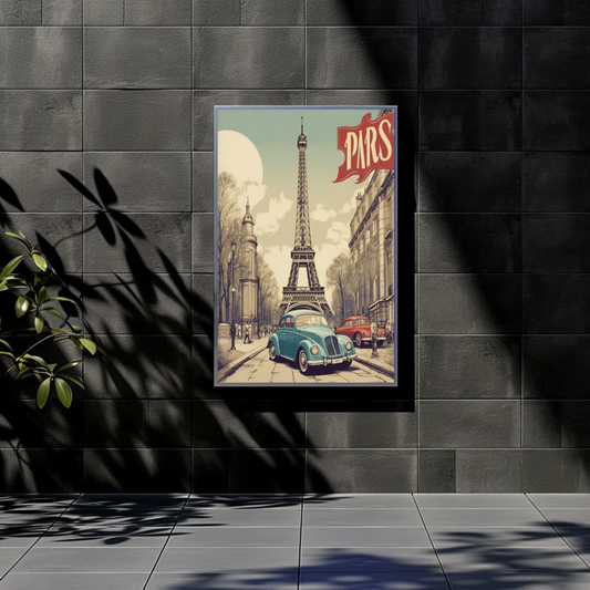 Paris Vintage Poster - Eiffel Tower & Classic Car