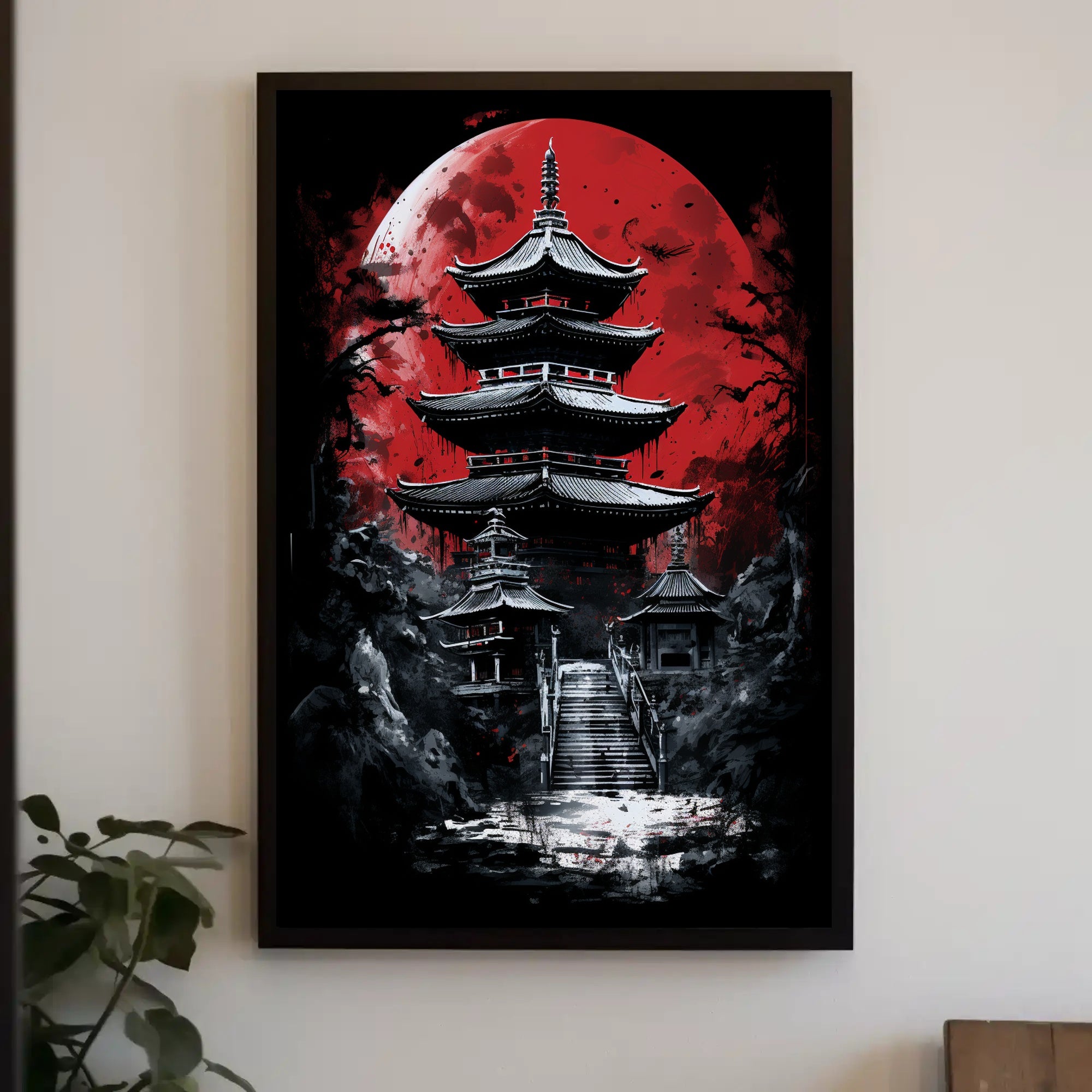 Traditional Japanese Pagoda with Red Moon Cultural Poster