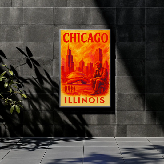 Chicago Skyline Bean Statue Modern Red Vintage Travel Poster Wall Art