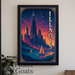 Illinois Skyline Vintage Design Urban or Cityscape Poster