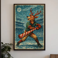 Whimsical Vintage Reindeer Baseball Holiday Poster Art