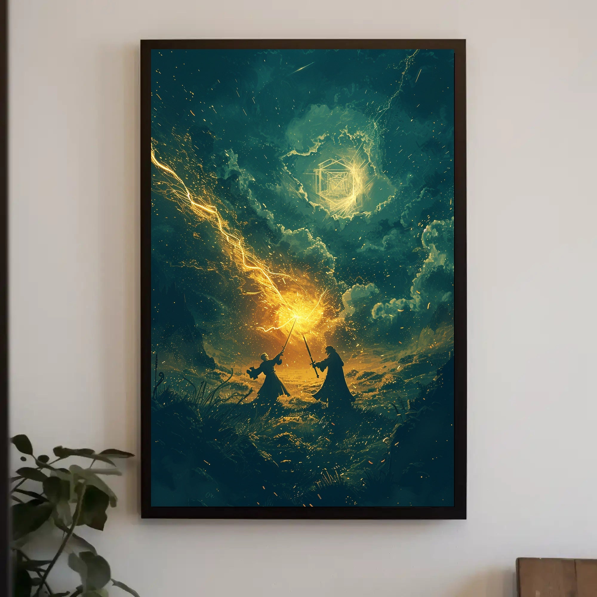 Epic Magical Duel in Vibrant Fantasy Landscape Fantasy Poster PosterGoat