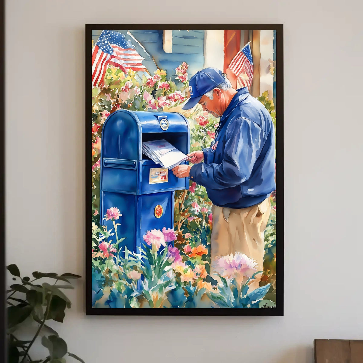 postal worker placing letters Poster