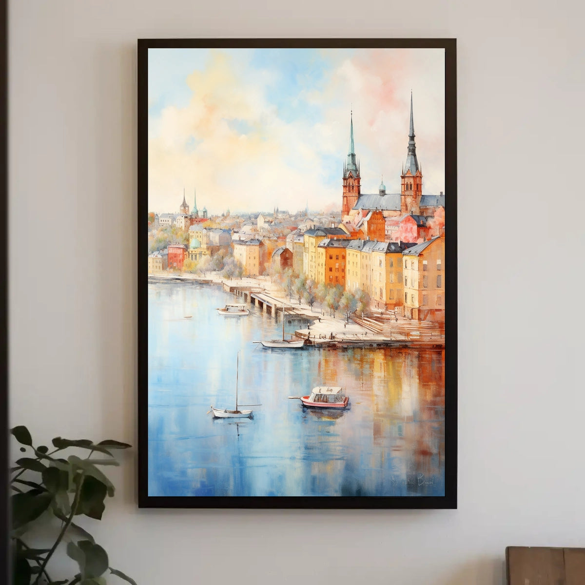 Picturesque European Cityscape on Waterfront Travel Poster