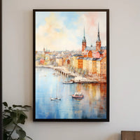 Picturesque European Cityscape on Waterfront Travel Poster