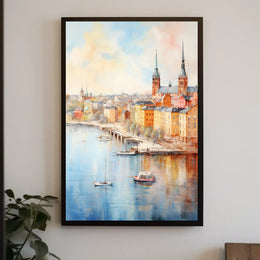 Picturesque European Cityscape on Waterfront Travel Poster