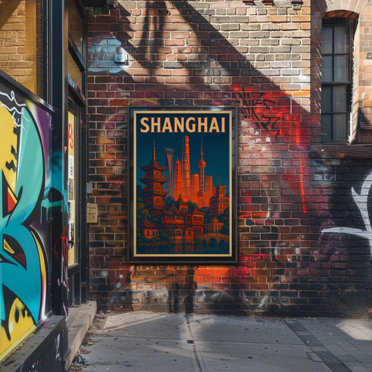 Shanghai Skyline and Pagodas Night Poster