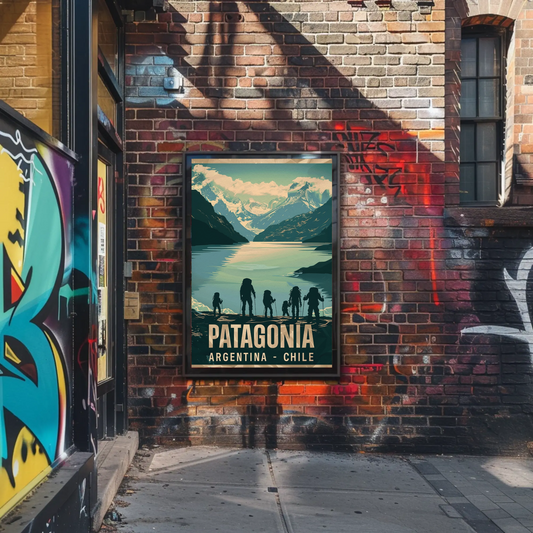 Patagonia Hiking Silhouettes Mountains Glacier Lake Travel Poster
