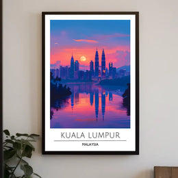 Kuala Lumpur skyline art with sunset urban cityscape poster