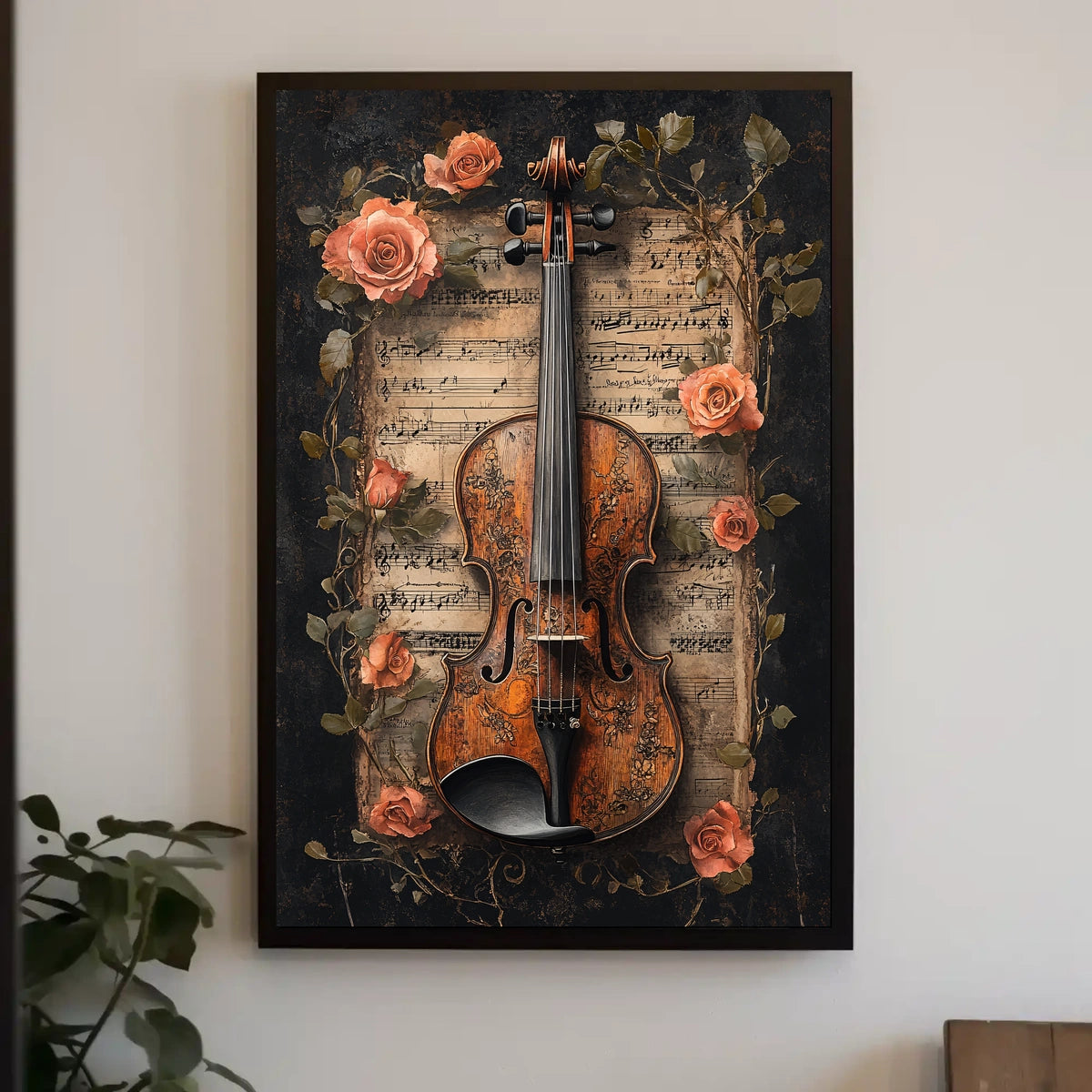 Elegant Violin and Roses Art Print for Artistic Poster