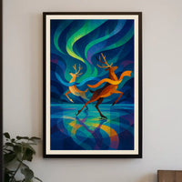Reindeer Ice Skate Northern Lights Abstract or Artistic Poster