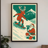Whimsical Reindeer Snowboarding Vintage Holiday Poster