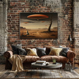 Surreal Hovering Discs in Futuristic Sci-Fi Poster