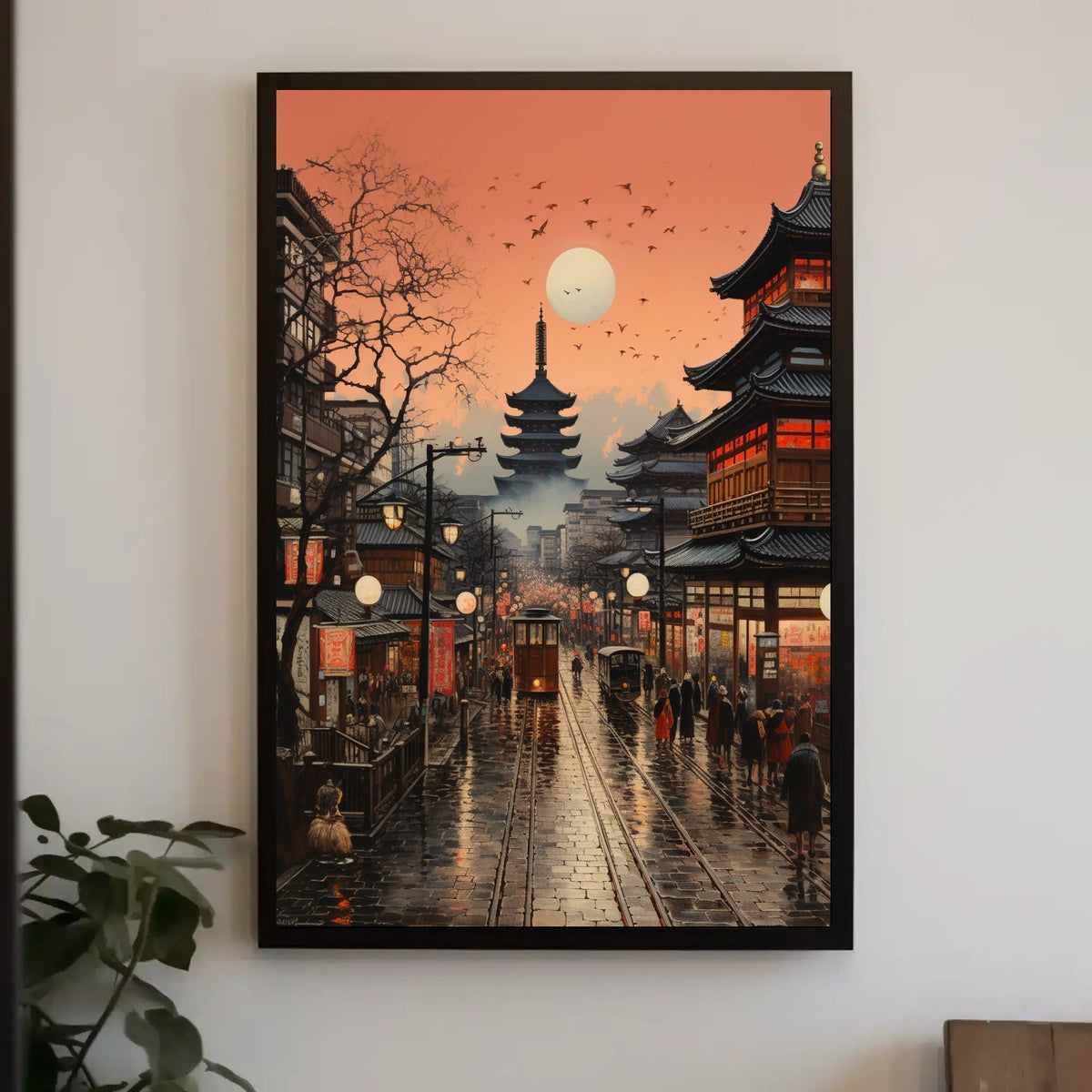 Vibrant Japanese Cityscape Sunset with Pagoda Cultural Poster