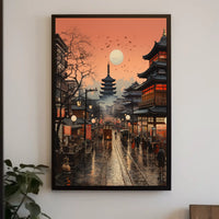 Vibrant Japanese Cityscape Sunset with Pagoda Cultural Poster