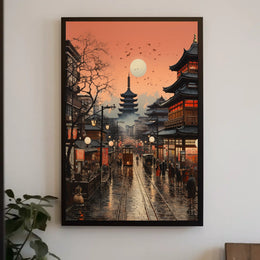 Vibrant Japanese Cityscape Sunset with Pagoda Cultural Poster