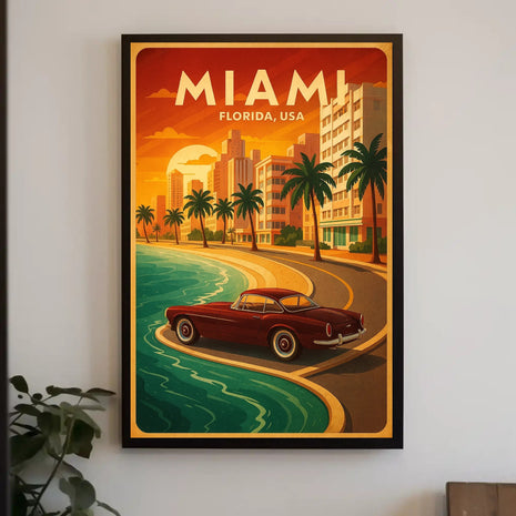Miami Coastal Drive Vintage Travel Advertisement Poster