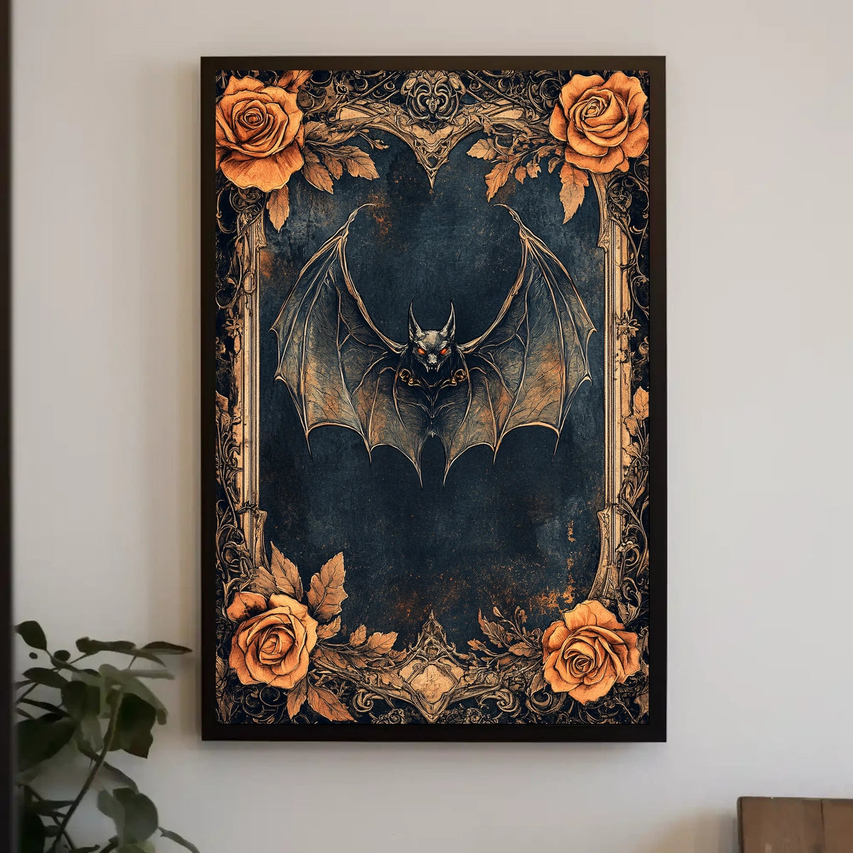 Gothic Bat Art Poster with Intricate Floral Design