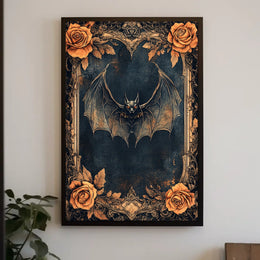 Gothic Bat Art Poster with Intricate Floral Design