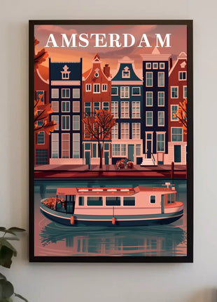 Amsterdam Canal Houses: Warm Scenic Travel Poster